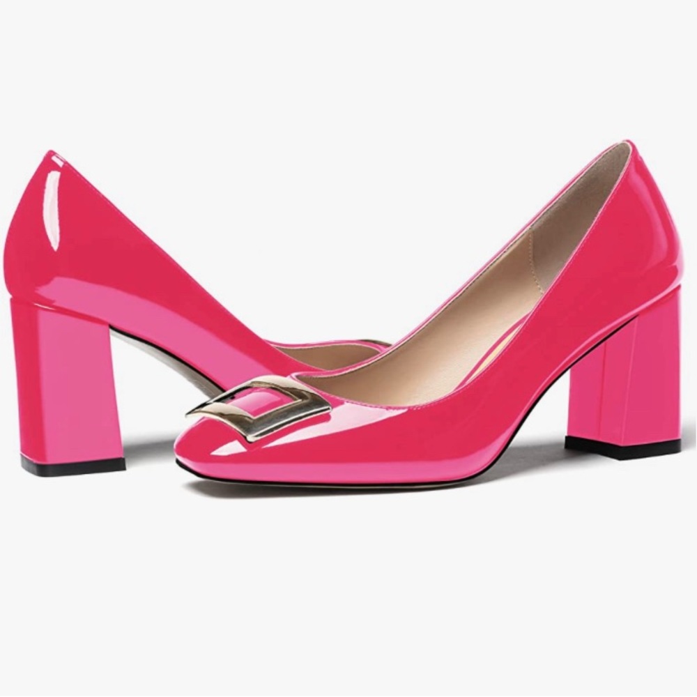 WAYDERNS Women’s Square Toe Pink Megenta Metal Buckle Patent Leather Pumps Sz8.5